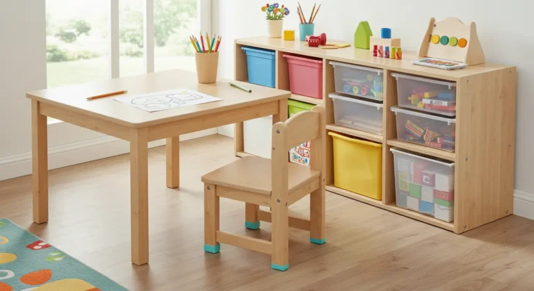 A cozy children's playroom featuring a wooden desk and chair, designed for creativity and learning.