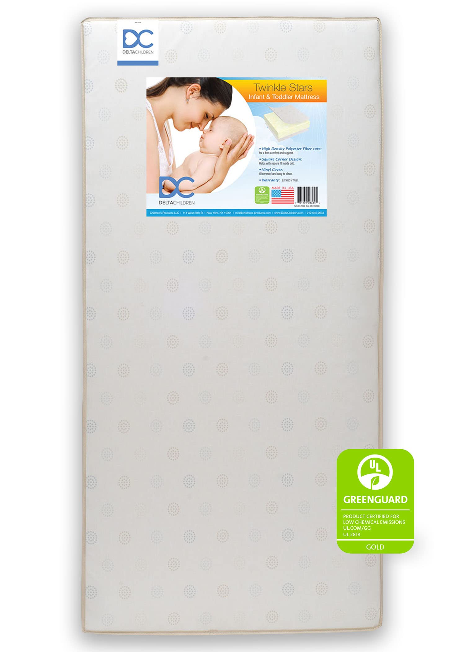 Delta Children Twinkle Stars Dual Sided - 6" Premium Sustainably Sourced Fiber Core Crib and Toddler Mattress - Waterproof - GREENGUARD Gold Certified - 7 Year Warranty - Made in USA