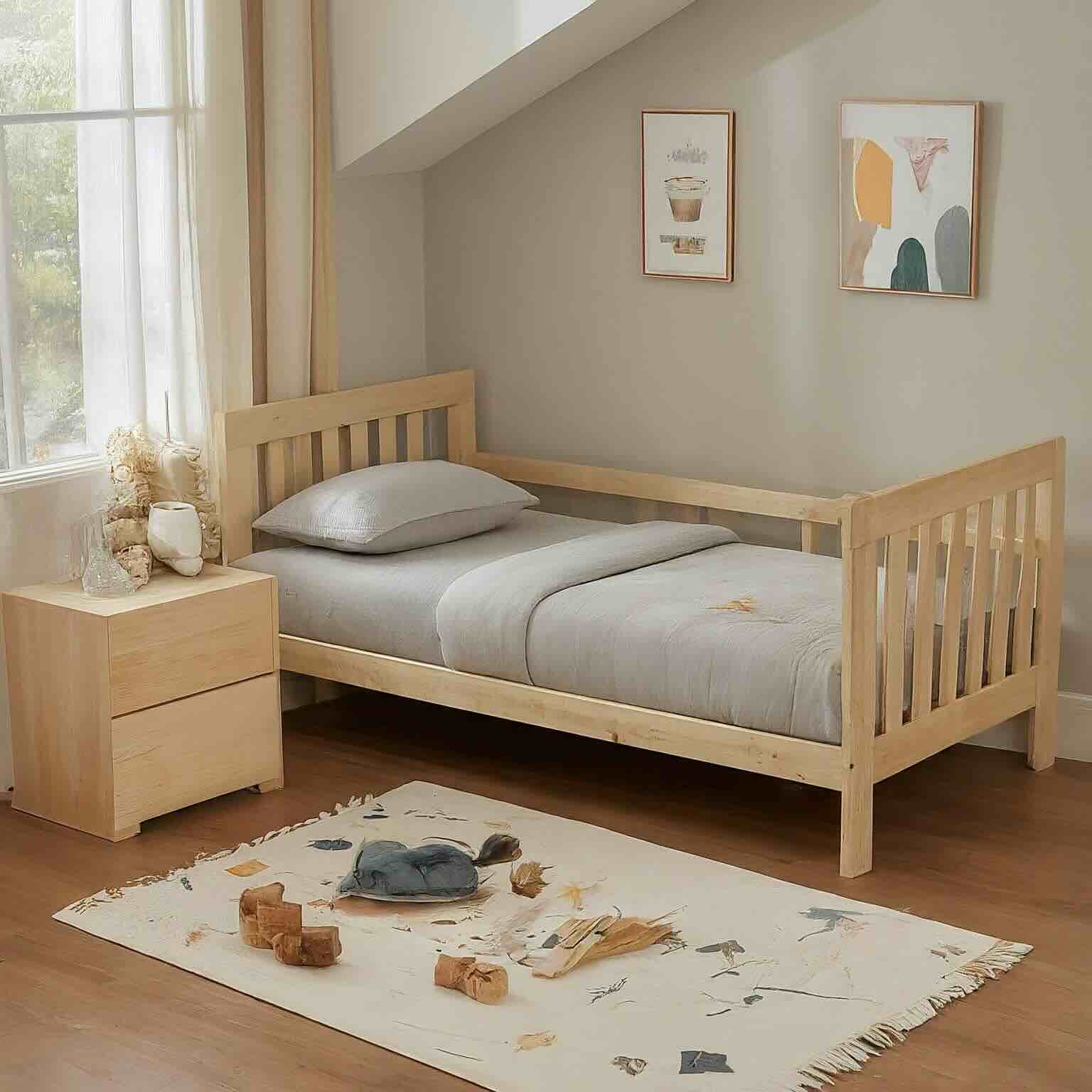a well-decorated children's bedroom with a DOUBLE CHILDREN'S BED, chest of drawers and a rug with games.