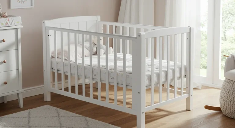 A serene baby's room featuring a white crib beside a charming pink dresser, creating a cozy and inviting atmosphere.
