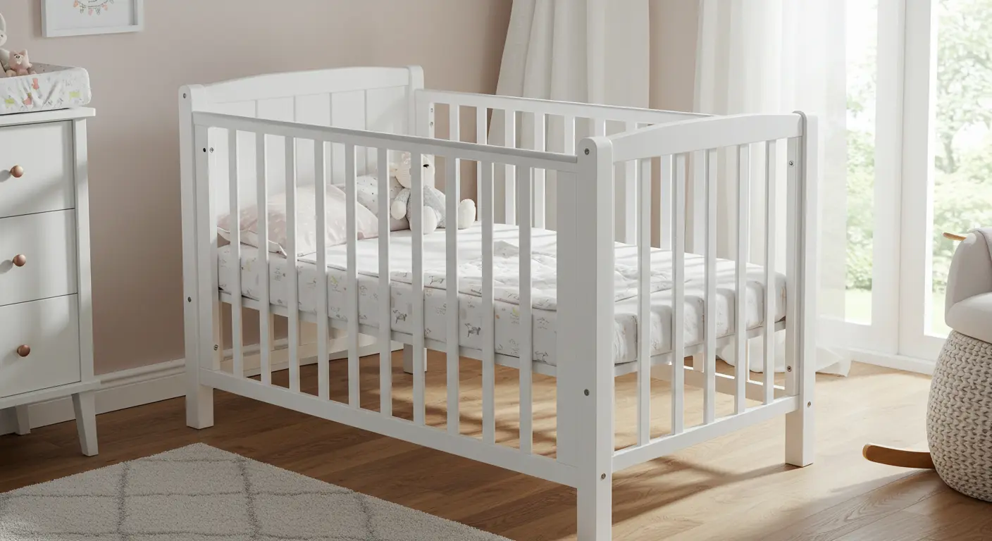 A serene baby's room featuring a white crib beside a charming pink dresser, creating a cozy and inviting atmosphere.