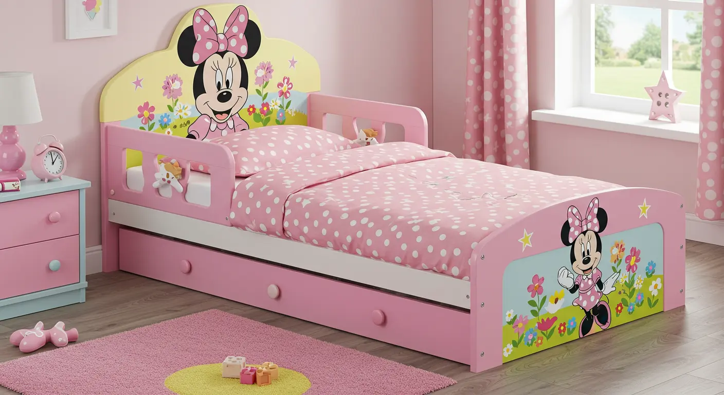 A Minnie Mouse-themed bed surrounded by pink and white furniture, creating a cheerful and playful bedroom atmosphere.