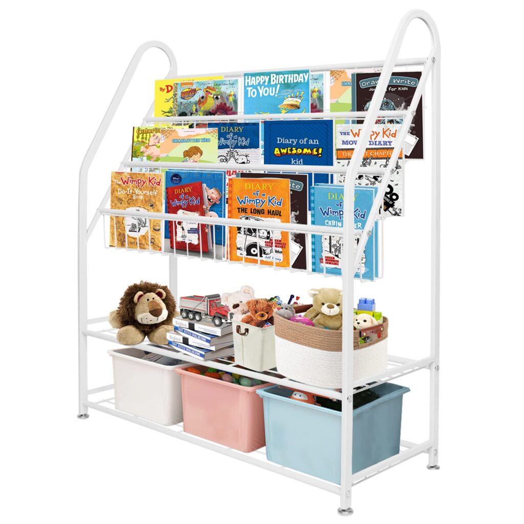 A white book rack filled with colorful books and various toys, creating a cheerful and organized reading space.