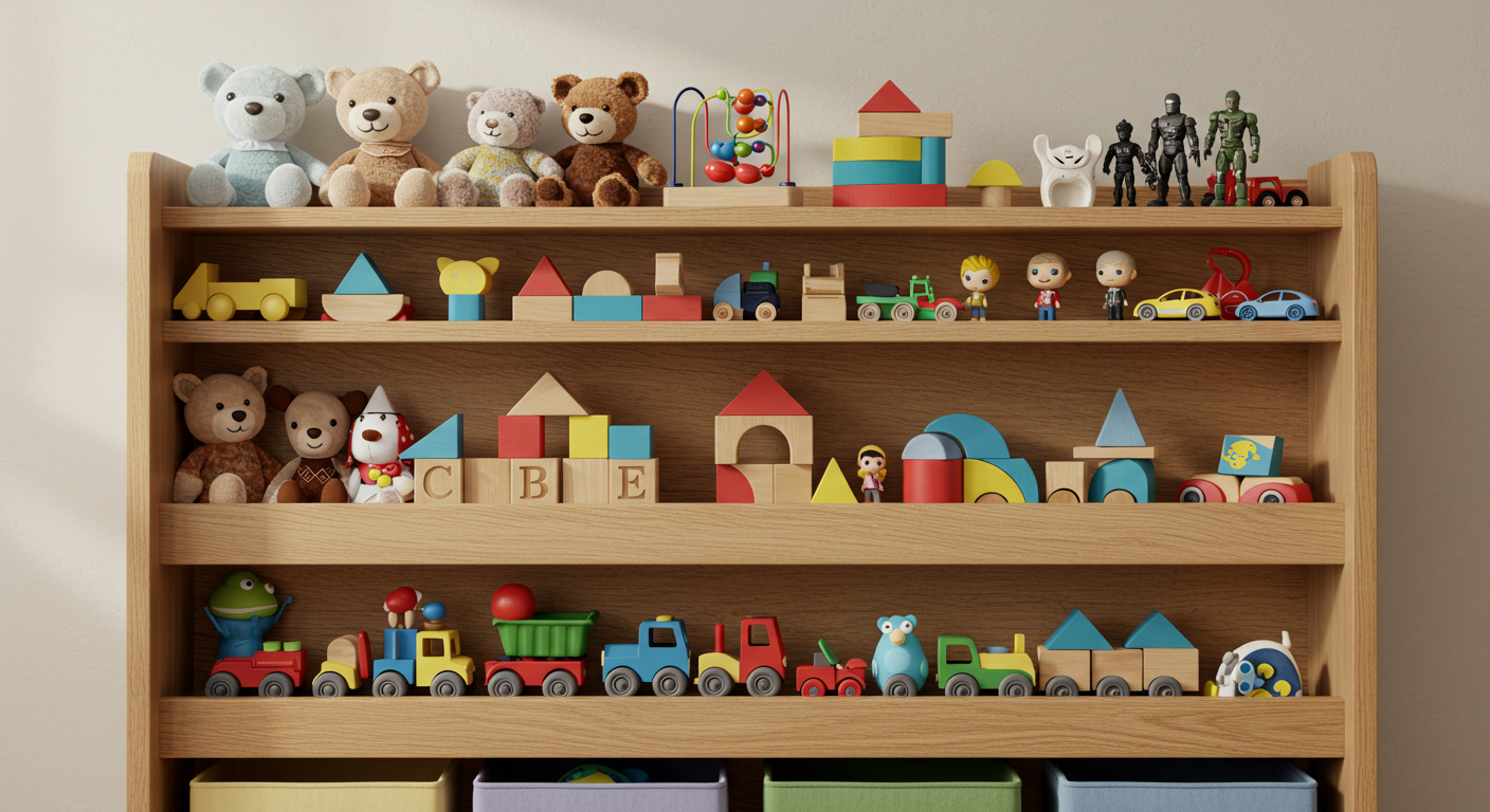 A wooden shelf displaying a variety of colorful toys arranged neatly.