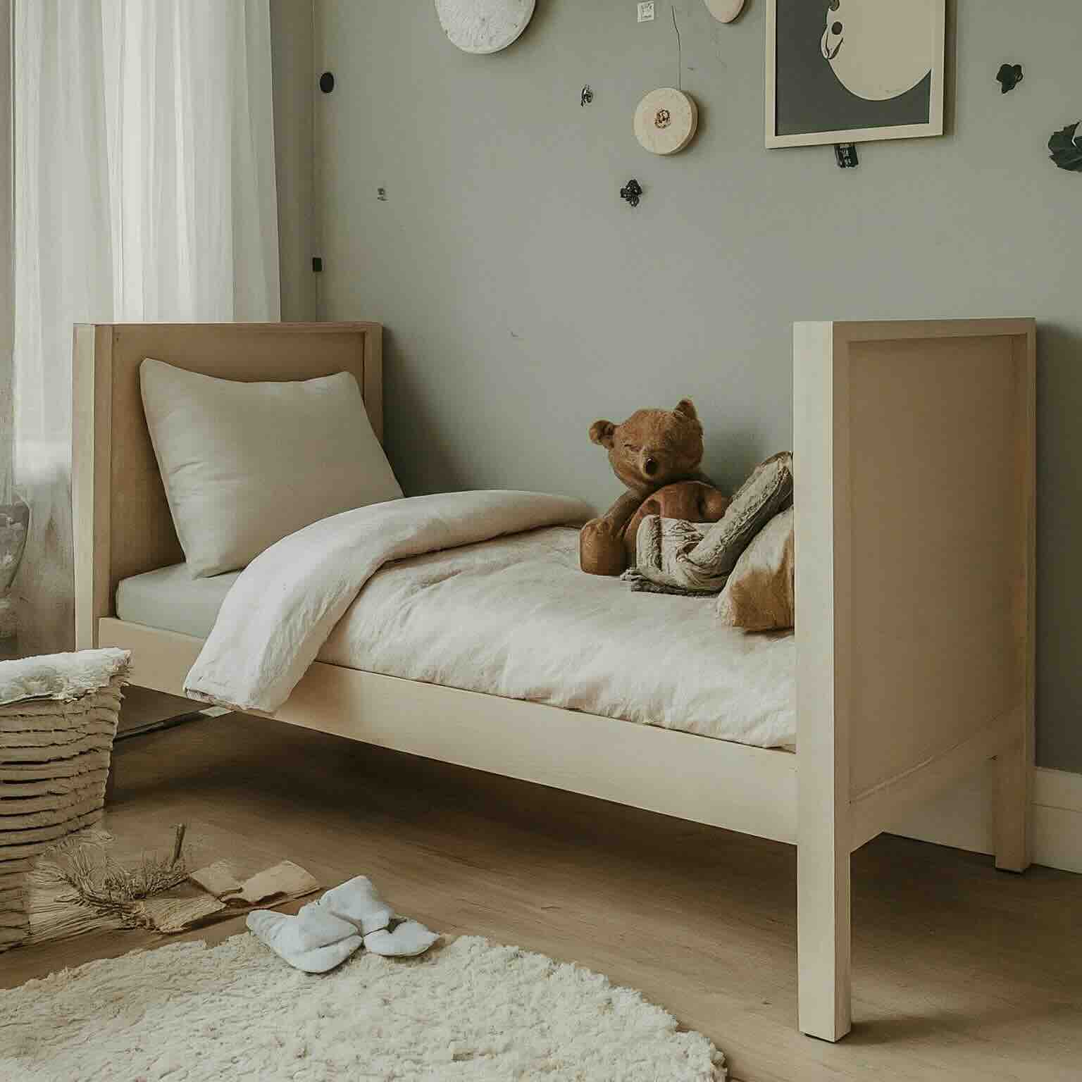 A neatly made bed with light-colored bedding, a teddy bear, and a blanket placed on it in a cozy, minimalist bedroom. A laundry basket and a pair of slippers are on the floor beside the bed.