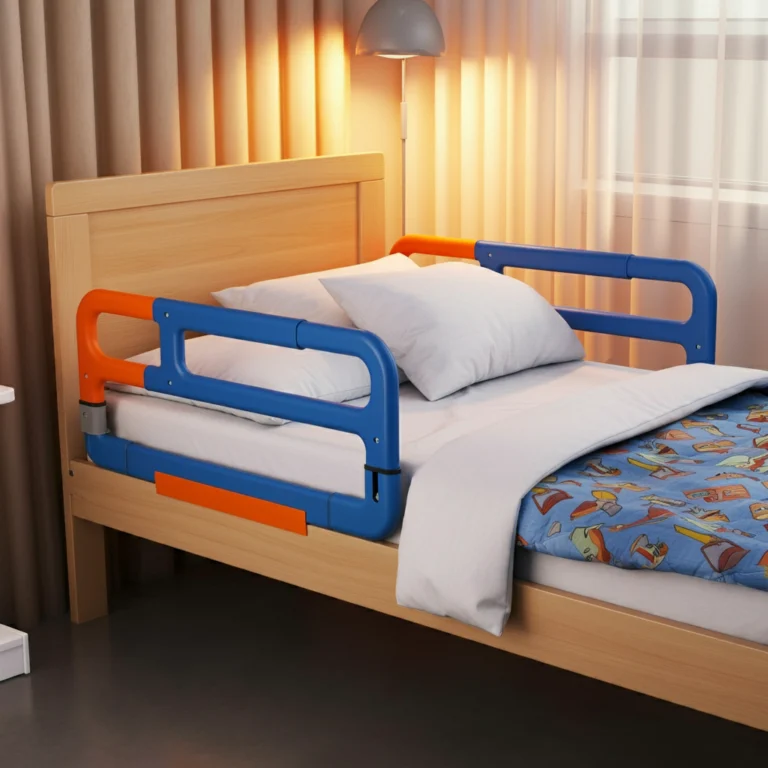 A bed featuring a blue and orange rail, showcasing a vibrant and modern design element in the bedroom