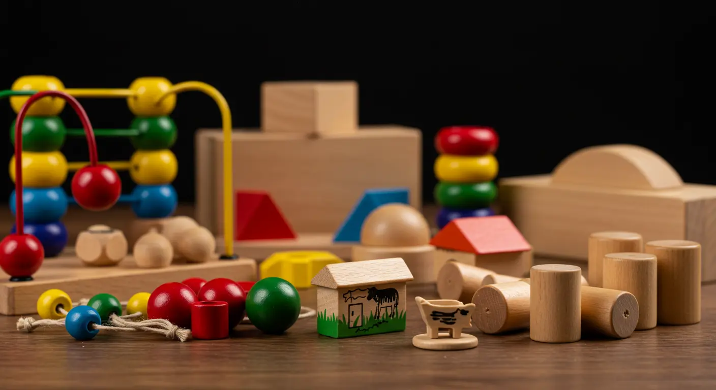 A wooden toy set displayed on a table, showcasing its natural texture and craftsmanship in a well-lit environment.